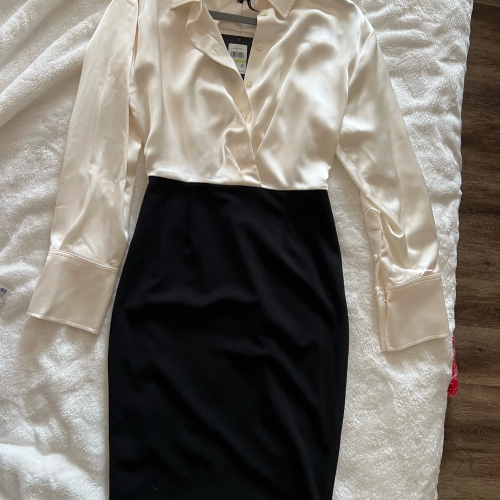 Halston black and white collared shirt dress